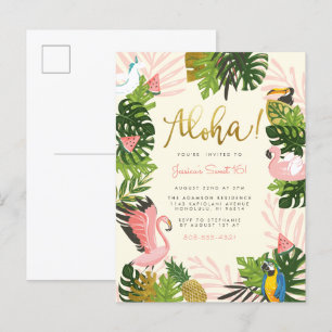 Beige Aloha Hawaii Tropical Guld Födelsedagsfest Inbjudan Vykort