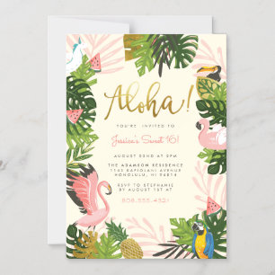 Beige Aloha Hawaii Tropical Guld Födelsedagsfest Magnetisk Inbjudningskort