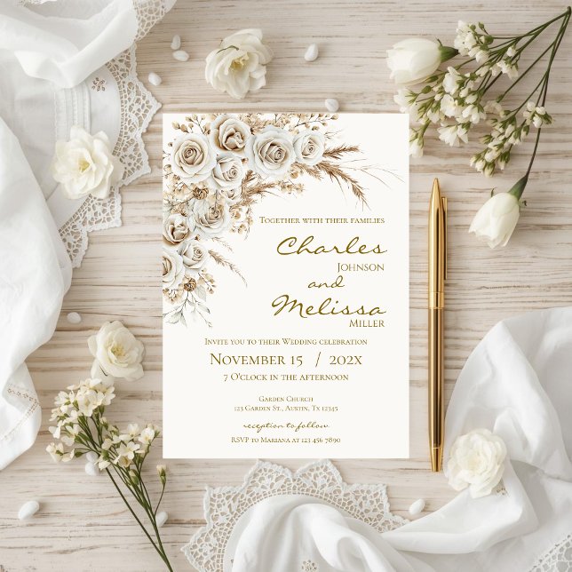 Beige and Boho Flowers Wedding Invitation Inbjudningar (Skapare uppladdad)