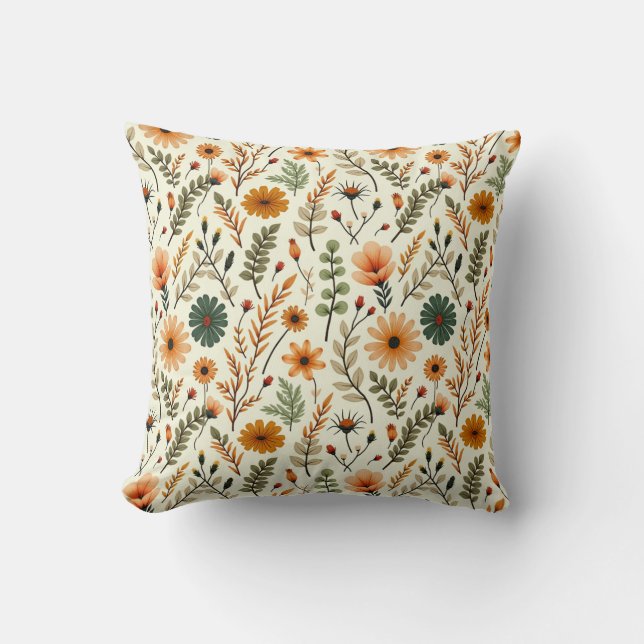 Beige and Brown Boho Flowers Kudde (Framsida)
