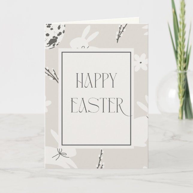 Beige and Cream Easter Bunny Pattern Holiday Card Tack Kort (Framsida)