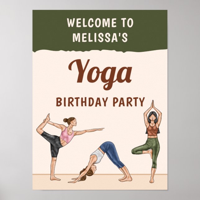 Beige And Green Boho Yoga Birthday Party Welcome Poster (Framsidan)