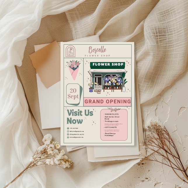 Beige and Green Elegant Flower Shop Opening Card Inbjudningar (Skapare uppladdad)