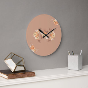 Beige and Orange Botanical Wall Art, höstbloom Stor Klocka