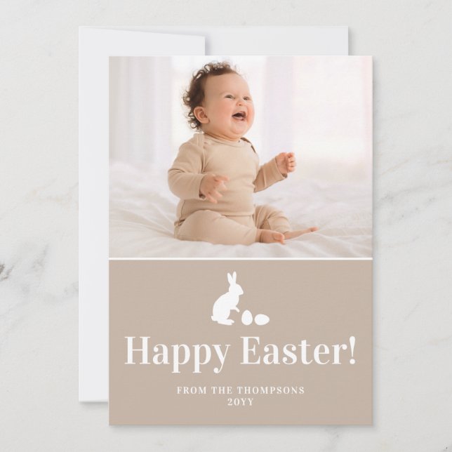Beige And White Bunny With Custom Photo Easter Kort (Framsida)