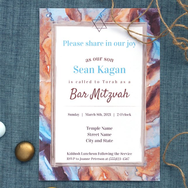 Beige Aqua Blue Pub Mitzvah-inbjudan Inbjudningar (modern bar mitzvah invitations with bold brown, beige, blue marble stone pattern )