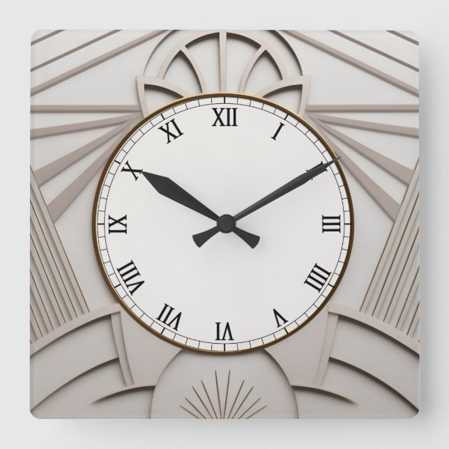Beige Art Deco Clock - Snyggt Abstrakt Linjer Fyrkantig Klocka (Framsida)