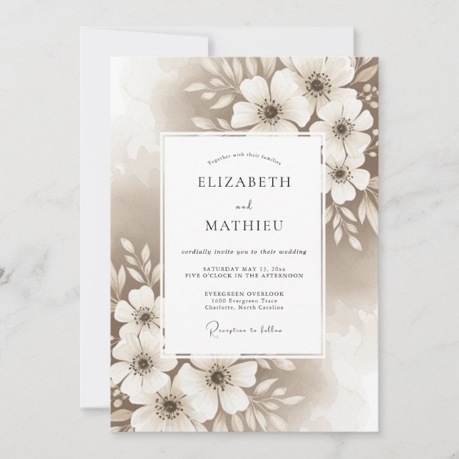 Beige Artistic Floral Flourish Wedding Inbjudningar (Framsida)