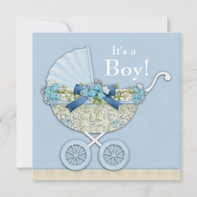 Beige Baby blue Baby Carriage Boy Shower Inbjudningar (Framsida)