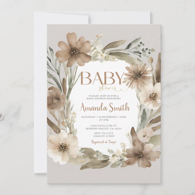 Beige Baby i Bloom Flowers Girl Baby Shower Inbjudningar (Framsida)