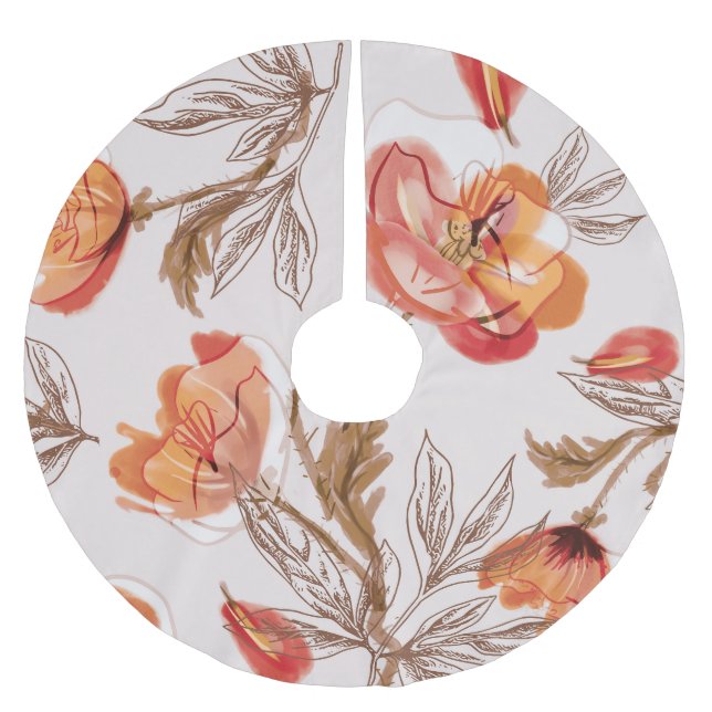 Beige Background Poppies Watercolor Mönster Julgransmatta Borstad Polyester (Framsidan)