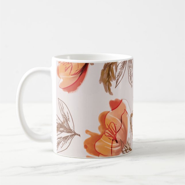 Beige Background Poppies Watercolor Mönster Kaffemugg (Vänster)