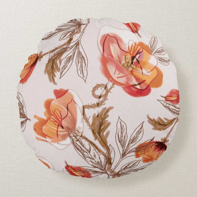 Beige Background Poppies Watercolor Mönster Rund Kudde (Framsidan)