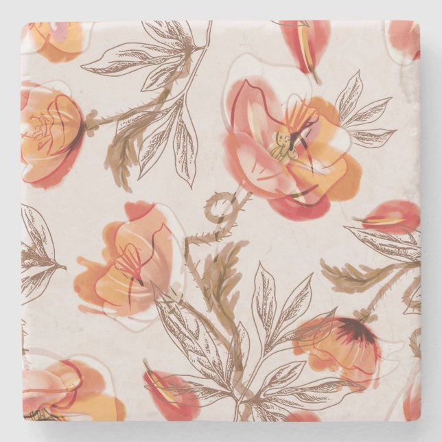 Beige Background Poppies Watercolor Mönster Stenunderlägg (Framsidan)