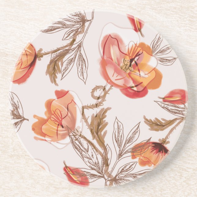 Beige Background Poppies Watercolor Mönster Underlägg (Framsidan)