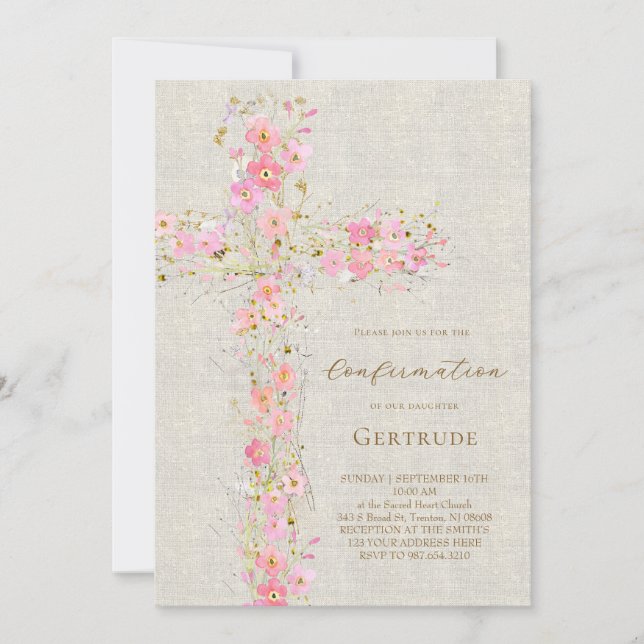 beige bakgrund rosa blommor kors bekräftelse inbjudningar (Framsida)