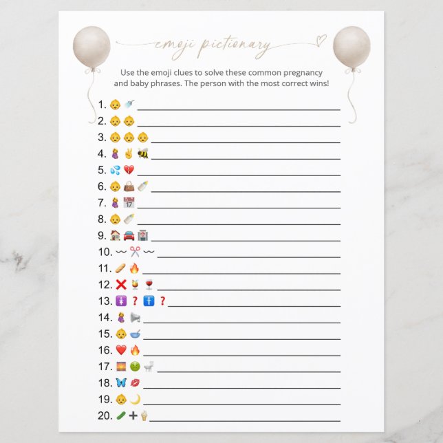 Beige Balloon Emoji Pictionary Baby Shower Game (Framsida)