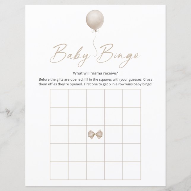 Beige Balloon Modern Baby Shower Bingo Game (Framsida)