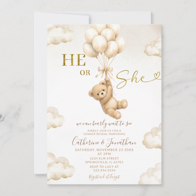 Beige Balloons Clouds He Or She Bear Gender Reveal Inbjudningar (Framsida)