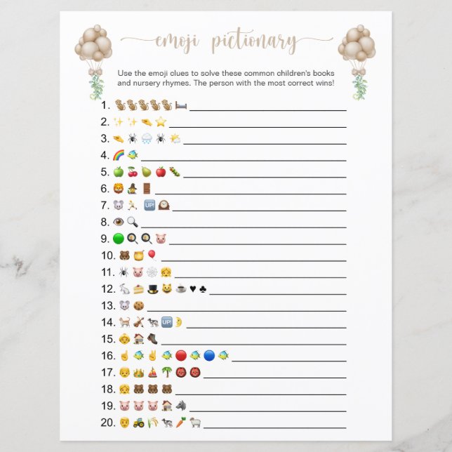 Beige Balloons Emoji Bokar Baby Shower Game (Framsida)