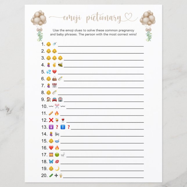 Beige Balloons Emoji Pictionary Baby Shower Game (Framsida)