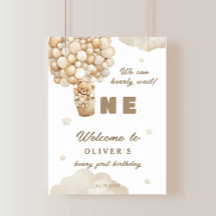 Beige Balloons Nalle Första födelsedag Välkommen