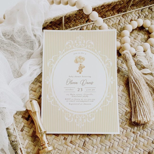 Beige Balloons Teddy Bear Vintage Baby Shower Inbjudningar (Skapare uppladdad)