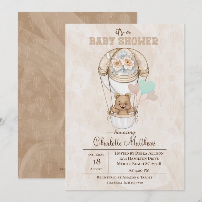Beige Bear Luftballong Baby Shower Inbjudningar (Fram/baksida)
