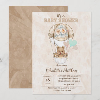 Beige Bear Luftballong Baby Shower Inbjudningar