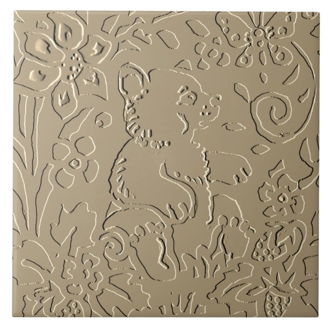 Beige Bear Unge Embossed Woodland Foliage Elegant Kakelplatta (Framsidan)