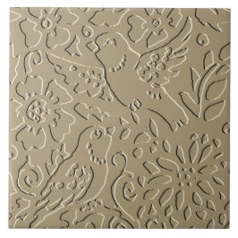 Beige Birds Emchef Woodland Blommigt Foliage Elega Kakelplatta