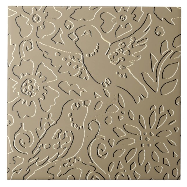 Beige Birds Emchef Woodland Blommigt Foliage Elega Kakelplatta (Framsidan)