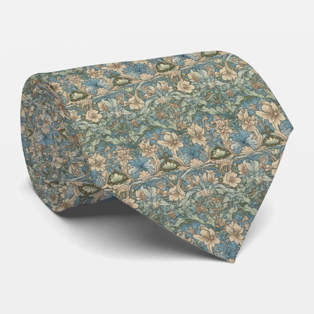 Beige Blå Grön Blommig Herr Slips (Rullad)