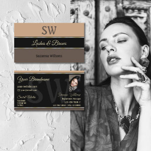 Beige Black Brown Rand med Monogram och Photo Visitkort