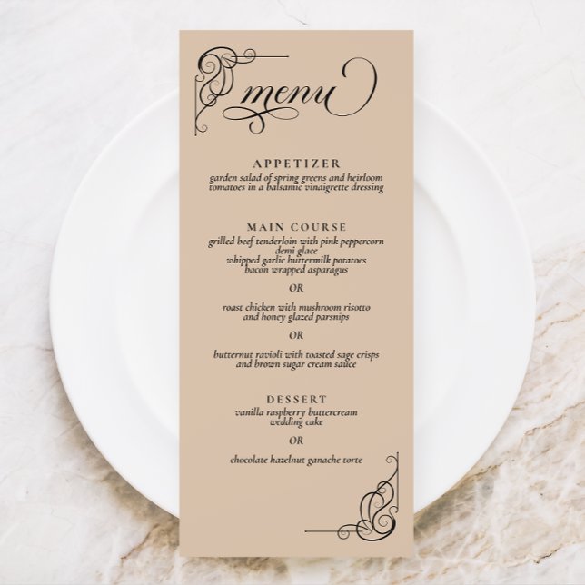 Beige & Black Calligraphy Wedding Reception Menu Meny (Skapare uppladdad)