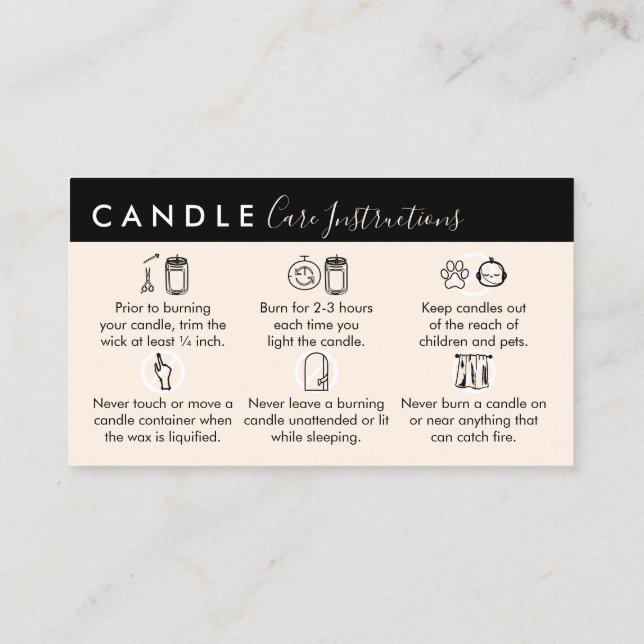 Beige Black Candle Care Instructions Visitkort (Baksida)
