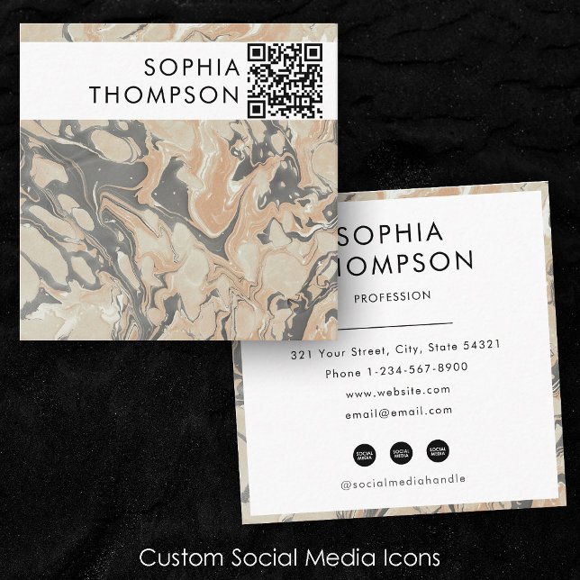 Beige Black Marble Abstrakt QR Code Social Media Fyrkantigt Visitkort (Beige Black Marble Abstract QR Code Social Media Square Business Card)