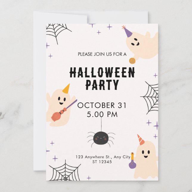 Beige Black Orange Playful Illustrative Halloween Inbjudningar (Framsida)