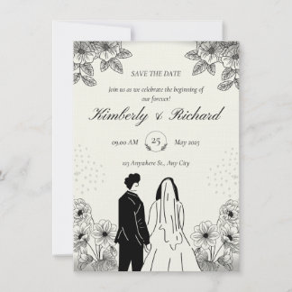 Beige Black Simple Illustation Wedding Invitation Inbjudningar