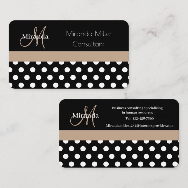 Beige Black White Polka Dot Monogram Affärskort Visitkort (Fram/baksida)