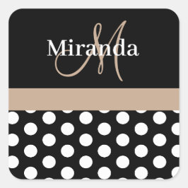 Beige Black White Polka Dot Monogram Fyrkantigt Klistermärke