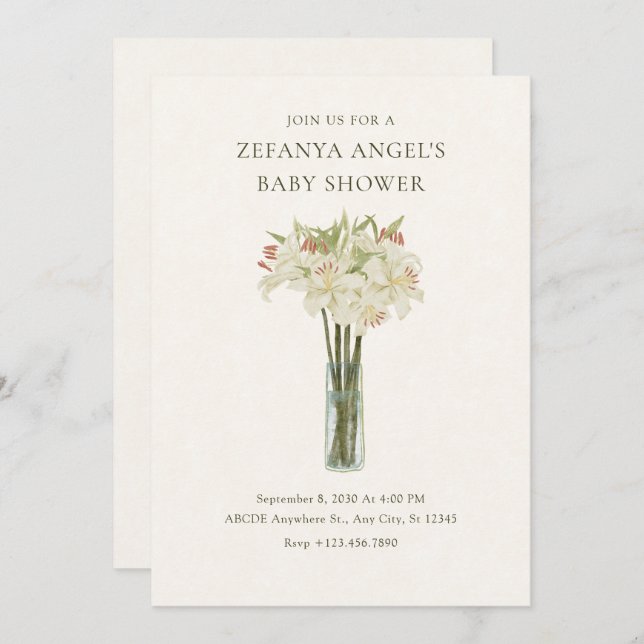 Beige-blomman i vas minimalistiska babydusch inbjudningar (Fram/baksida)