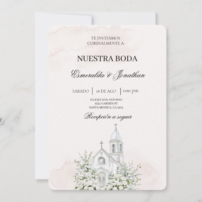 Beige blommig spanskt kyrkbröllopsinbjudan inbjudningar (Framsida)