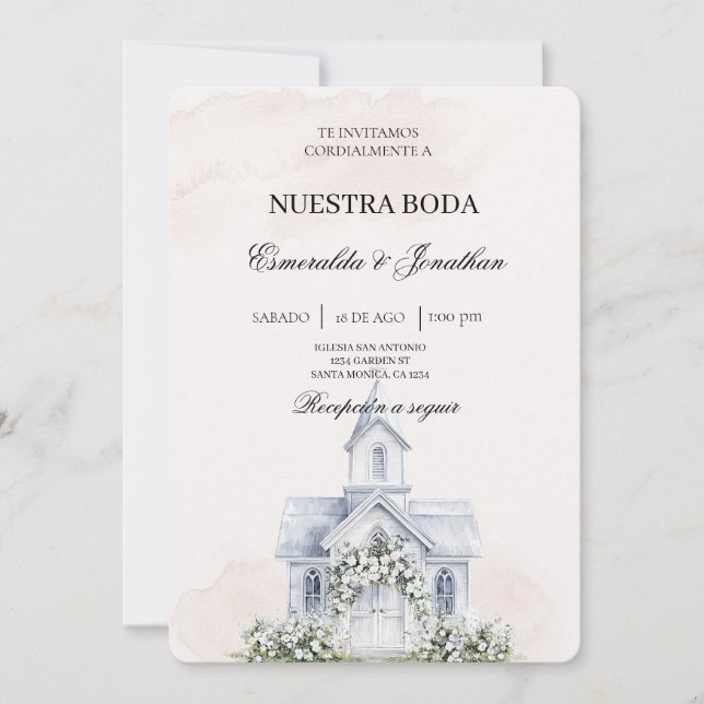 Beige blommig spanskt kyrkbröllopsinbjudan inbjudningar (Framsida)