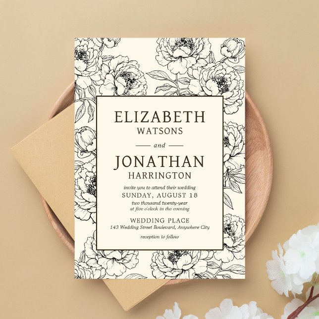 Beige Blommigt Bröllop Inbjudningar (Floral Beige Wedding Invitation)