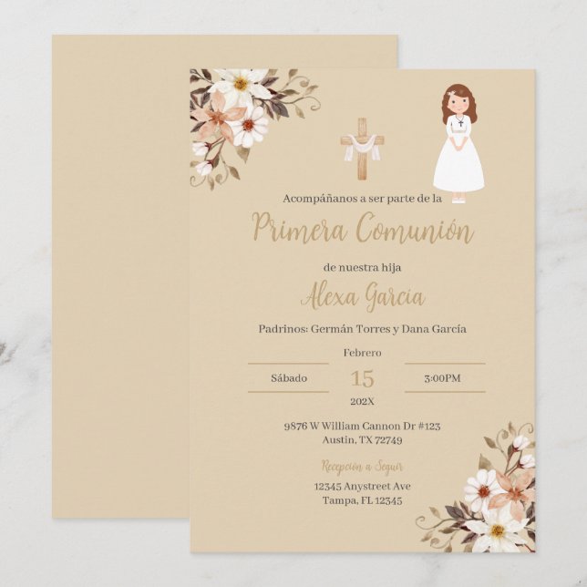 Beige blommigt First Communion-inbjudan Inbjudningar (Fram/baksida)