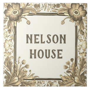 Beige Blommigt Flowers Anpassningsbar House Namn P Kakelplatta