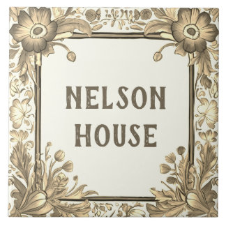 Beige Blommigt Flowers Anpassningsbar House Namn P Kakelplatta