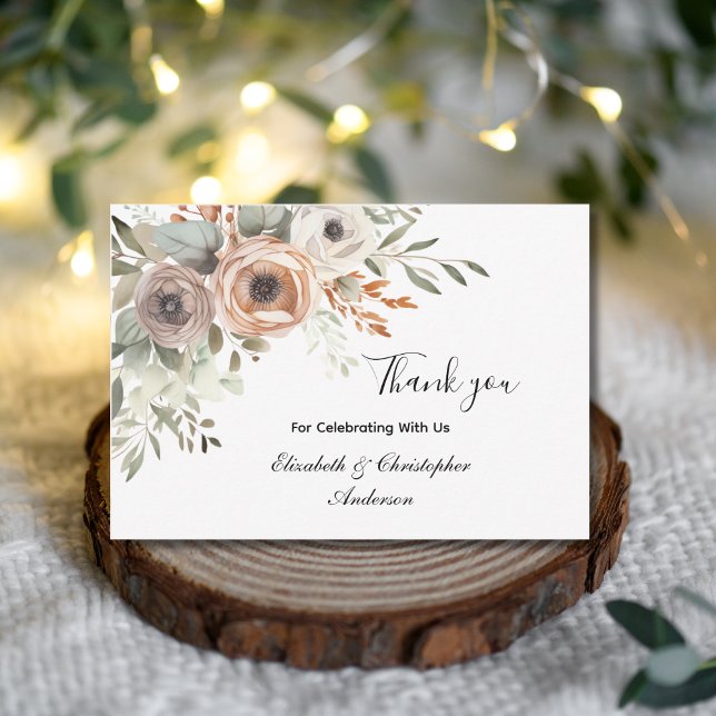 Beige Blommigt Greenery Botanical Bröllop Tack (Beige White Greenery Watercolor Florals Flowers Neutral Colors Wedding Thank you cards)