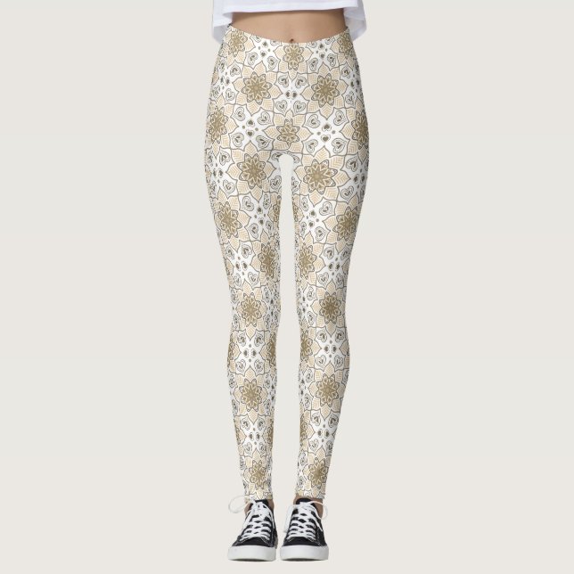 Beige Blommigt Mandala Circle Batik Mönster Leggings (Framsida)